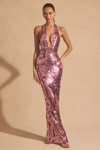Sequin-Embellished Halterneck Maxi Dress in Pink