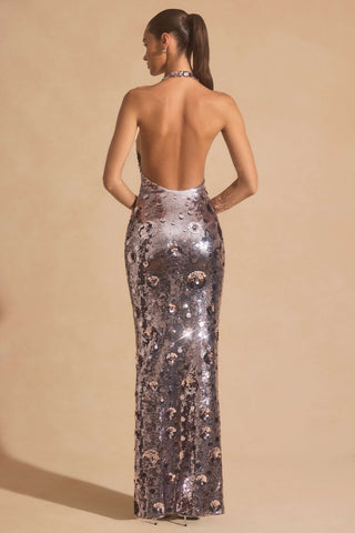 Sequin-Embellished Halterneck Maxi Dress in Silver