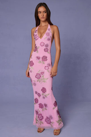 Embellished Halterneck Maxi Dress in Soft Pink