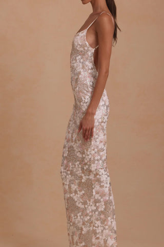 Embellished Scoop-Neck Backless Maxi Dress in Ivory