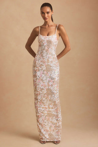 Embellished Scoop-Neck Backless Maxi Dress in Ivory