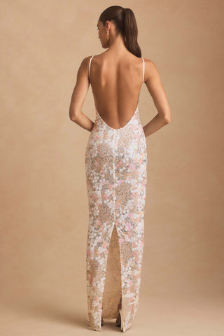 Embellished Scoop-Neck Backless Maxi Dress in Ivory