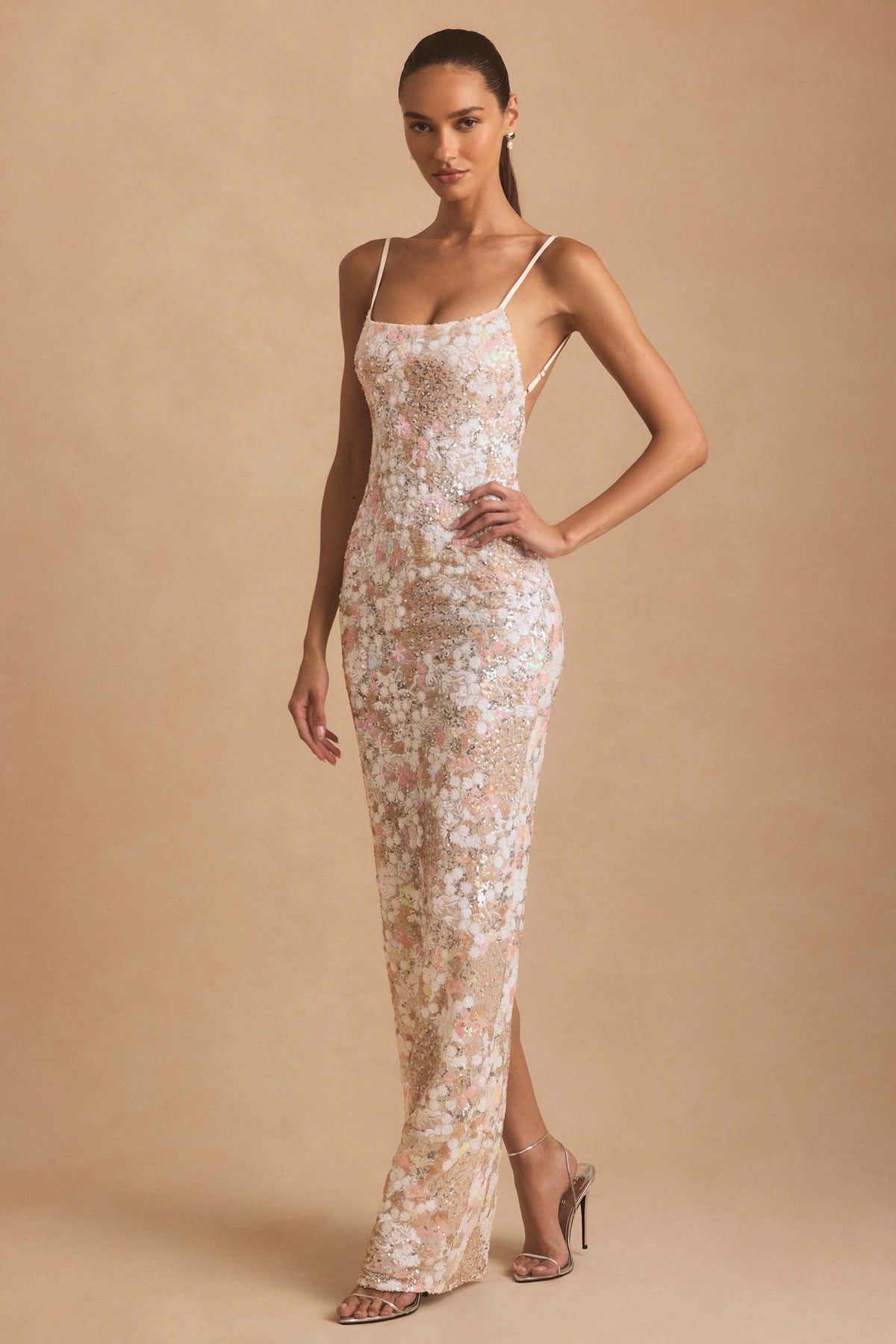 Embellished Scoop-Neck Backless Maxi Dress in Ivory