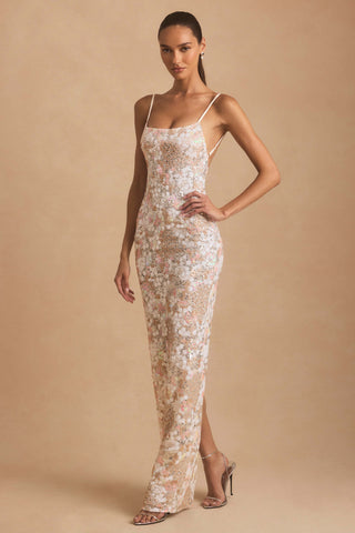 Embellished Scoop-Neck Backless Maxi Dress in Ivory