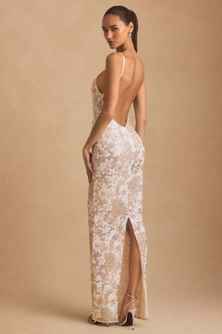 Embellished Scoop-Neck Backless Maxi Dress in Ivory
