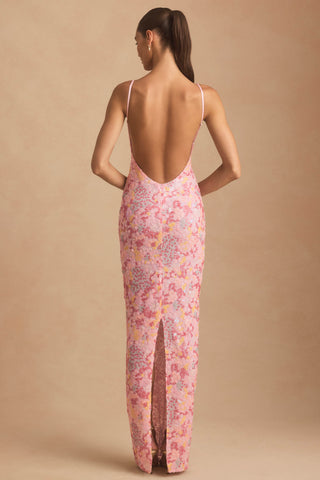 Embellished Scoop-Neck Backless Maxi Dress in Pink