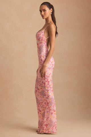 Embellished Scoop-Neck Backless Maxi Dress in Pink