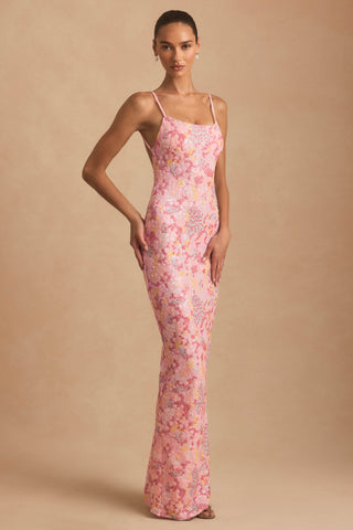Embellished Scoop-Neck Backless Maxi Dress in Pink