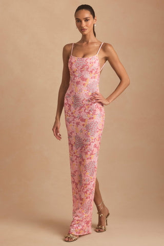 Embellished Scoop-Neck Backless Maxi Dress in Pink