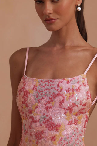 Embellished Scoop-Neck Backless Maxi Dress in Pink