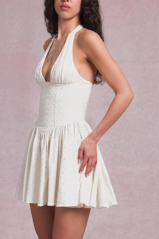 Broderie Anglaise Halterneck Mini Dress in White