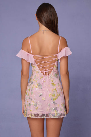 Embellished Lace-Up A-Line Mini Dress in Soft Pink