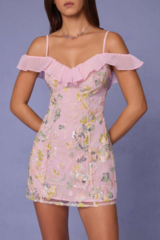 Embellished Lace-Up A-Line Mini Dress in Soft Pink