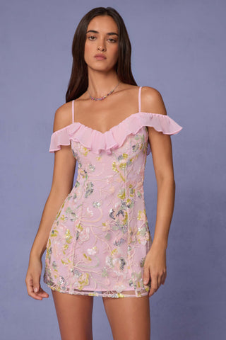 Embellished Lace-Up A-Line Mini Dress in Soft Pink