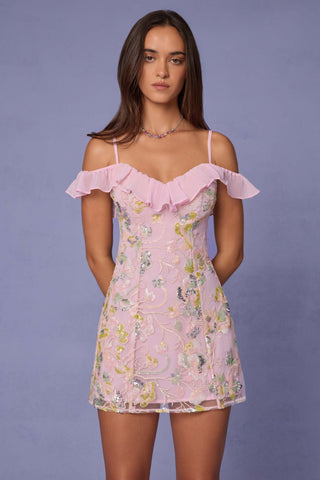 Embellished Lace-Up A-Line Mini Dress in Soft Pink