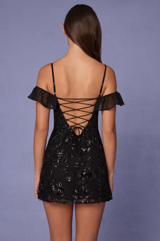 Embellished Lace-Up A-Line Mini Dress in Black