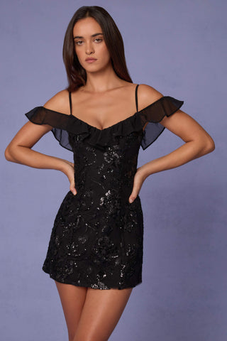 Embellished Lace-Up A-Line Mini Dress in Black