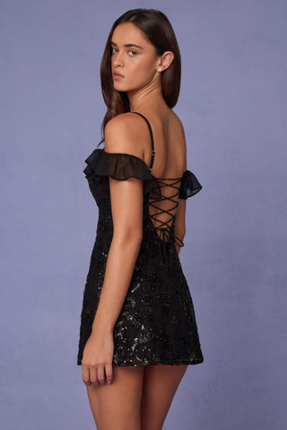 Embellished Lace-Up A-Line Mini Dress in Black