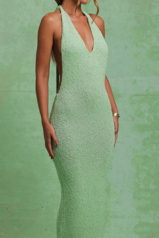 Bouclé Halterneck Maxi Dress in Mint