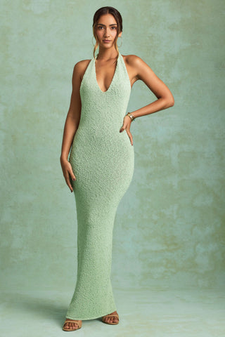 Bouclé Halterneck Maxi Dress in Mint