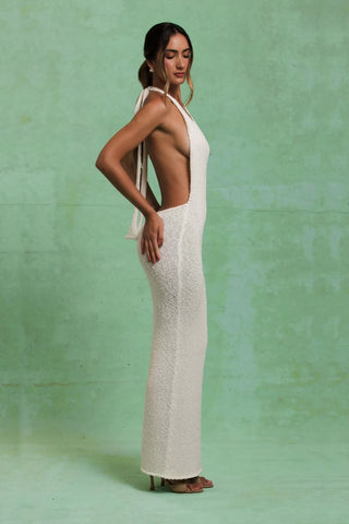Bouclé Halterneck Maxi Dress in White