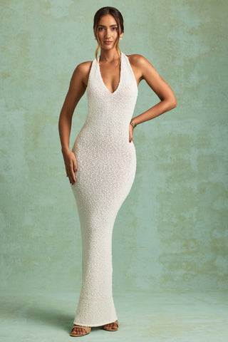 Bouclé Halterneck Maxi Dress in White