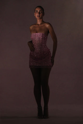 Embellished Draped Strapless A-Line Mini Dress in Pink