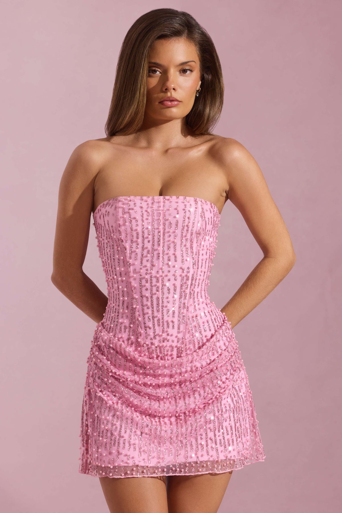 Embellished Draped Strapless A-Line Mini Dress in Pink