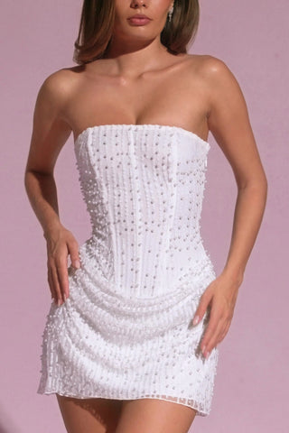 Embellished Draped Strapless A-Line Mini Dress in White