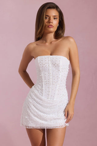 Embellished Draped Strapless A-Line Mini Dress in White