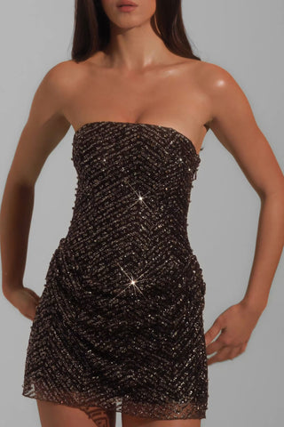 Embellished Bandeau A-Line Mini Dress in Brown