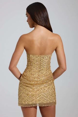 Embellished Bandeau A-Line Mini Dress in Gold