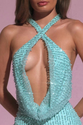 Embellished Cowl-Neck Backless Mini Dress in Aqua Blue