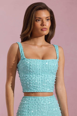 Embellished Square-Neck Crop Top in Aqua Blue