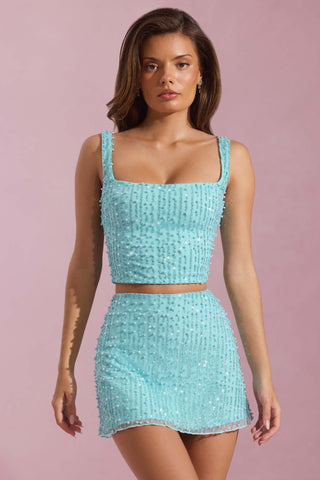 Embellished Square-Neck Crop Top in Aqua Blue