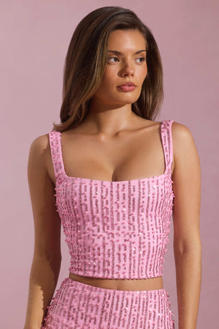 Embellished Square-Neck Crop Top in Pink