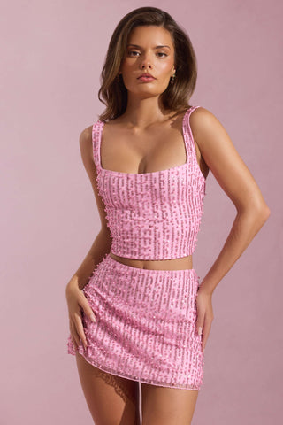 Embellished Square-Neck Crop Top in Pink