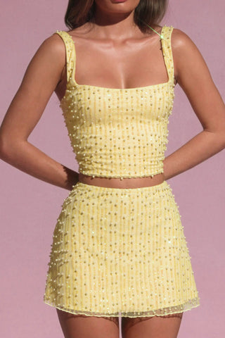 Embellished Square-Neck Crop Top in Yellow