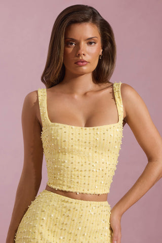 Embellished Square-Neck Crop Top in Yellow