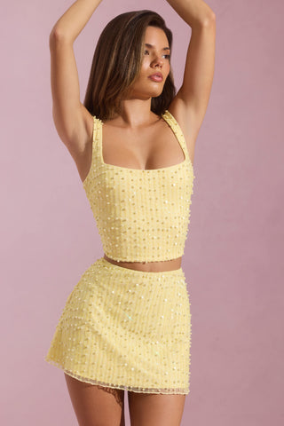 Embellished Square-Neck Crop Top in Yellow