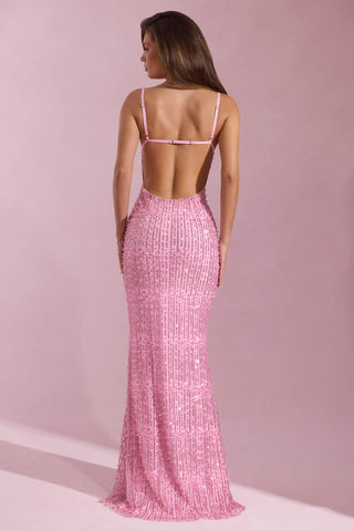 Embellished Cowl-Neck Backless Maxi Dress in Pink