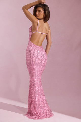 Embellished Cowl-Neck Backless Maxi Dress in Pink