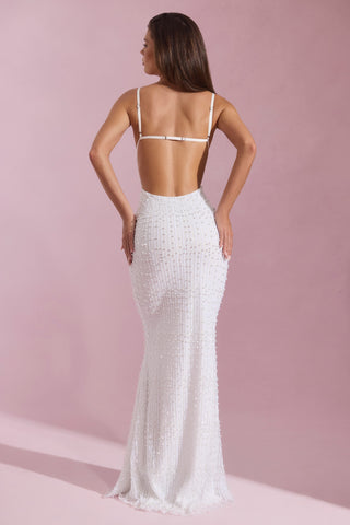 Embellished Cowl-Neck Backless Maxi Dress in White