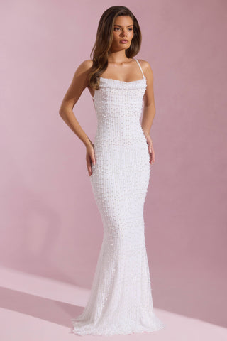 Embellished Cowl-Neck Backless Maxi Dress in White