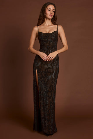 Embellished Peekaboo Cowl-Neck Dress in Brown Snake