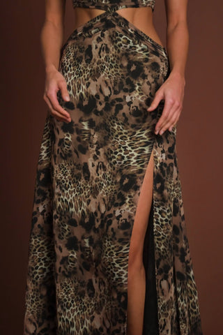 Plunge Cut-out Maxi Gown in Leopard Print