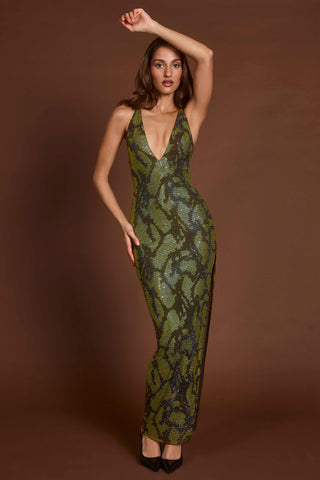 Embellished Halterneck Maxi Dress in Green Snake