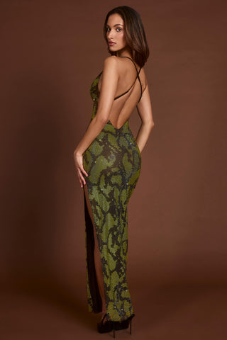 Embellished Halterneck Maxi Dress in Green Snake