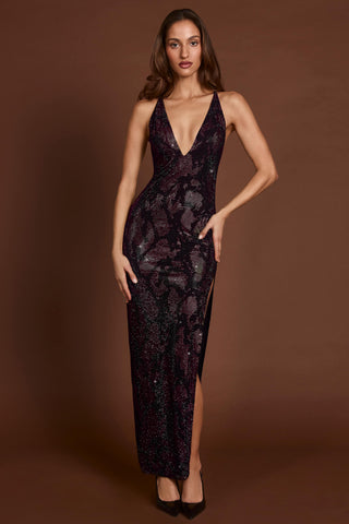 Embellished Halterneck Maxi Dress in Purple Snake