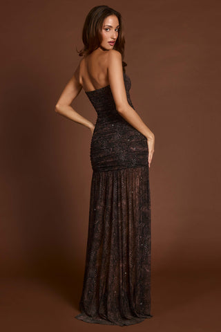 Embellished Bandeau Gathered Maxi Dress in Snake Hotfix